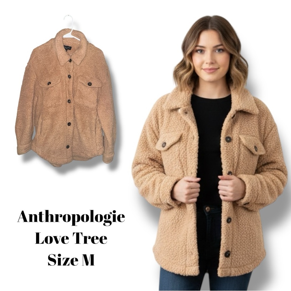 Anthropologie Love Tree Teddy Bear Sherpa Shacket Tan Faux Fur Button Jacket M